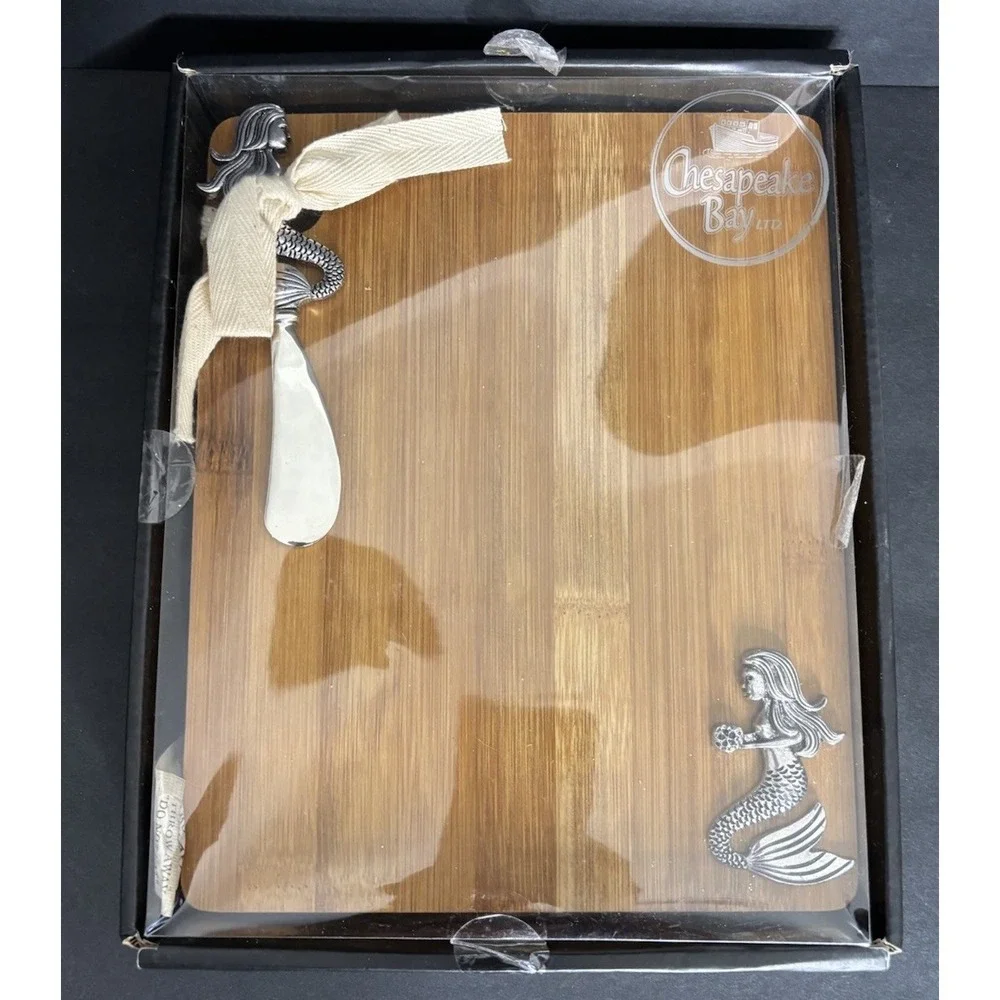 Chesapeake Bay Ltd Bamboo Mermaid Cheese Board Cutting Board with Spreader NEW
